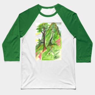 Green Grass Forest Land Trees Cave Mountain Woods Pink Sky Rock Colored Pencil Baseball T-Shirt